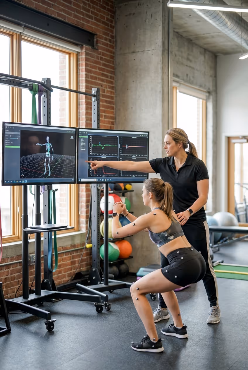 Physical therapist analyzing patient movement using advanced technology at a Delafield clinic