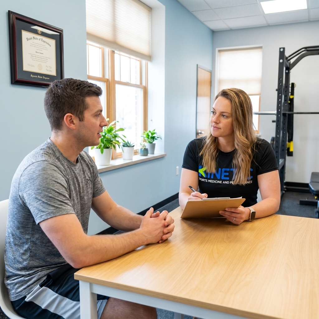 Patient meeting with a physical therapist for an initial evaluation at a sports medicine clinic in Milwaukee, WI