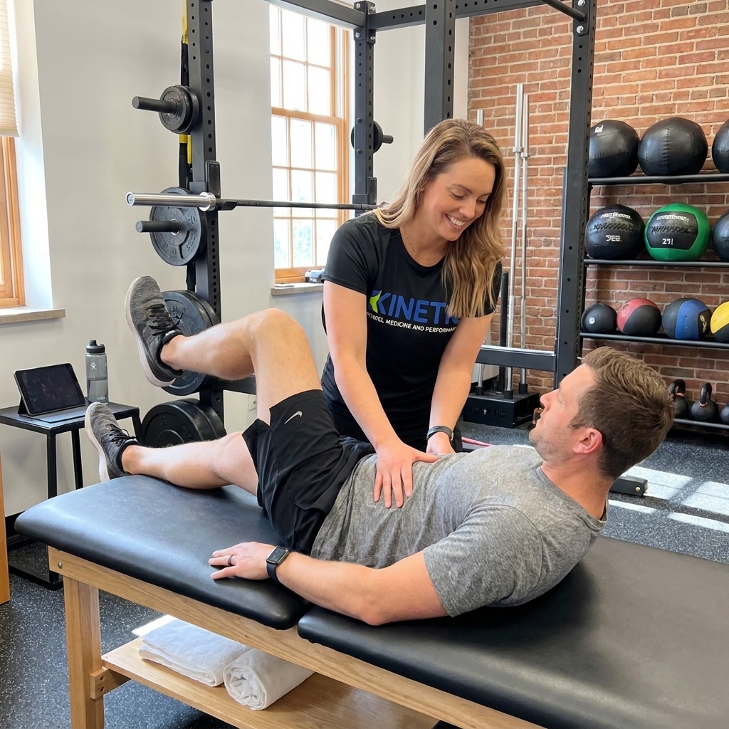 Patient working with a provider at a performance physical therapy clinic in Delafield, WI during a core stability assessment