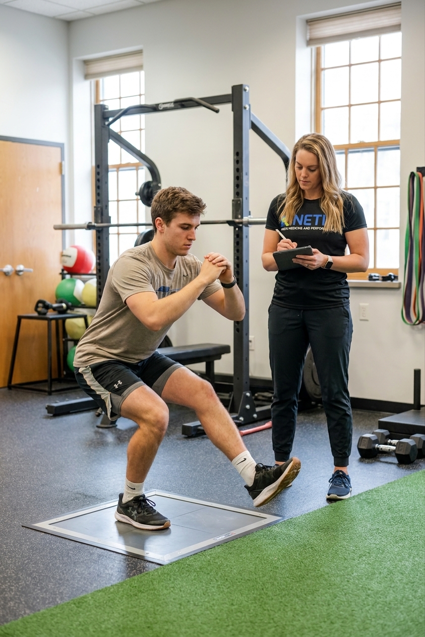 Physical therapist performing manual therapy on a patient's knee at a sports medicine clinic in Delafield, WI