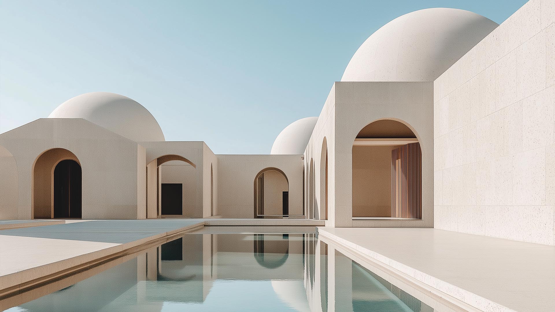 Geometric building with pool on clear sky background.