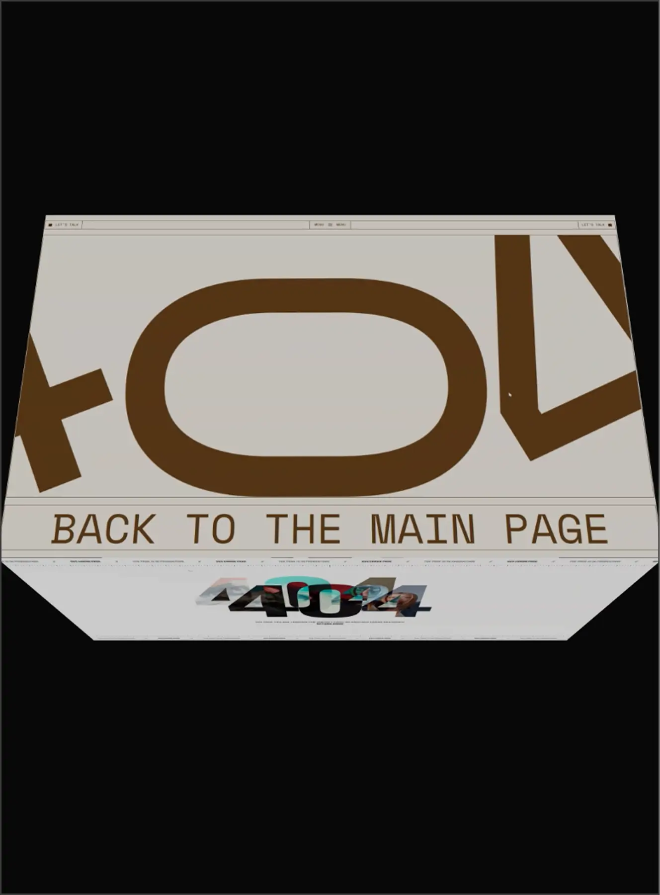 3D distorted webpage design with large brown letters partially visible and text reading 'BACK TO THE MAIN PAGE' in typewriter style.