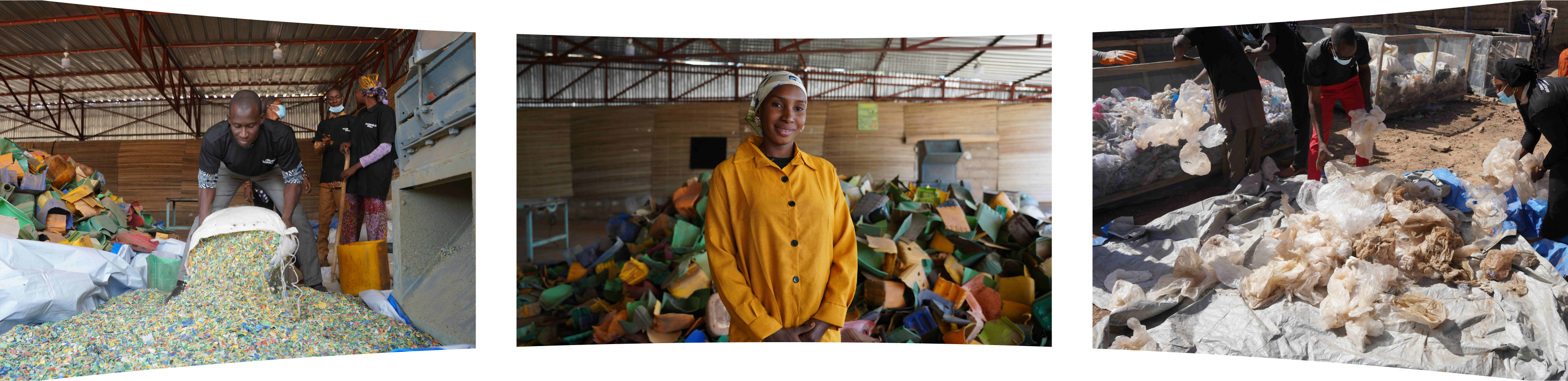 Three images: a man pouring colorful shredded plastic inside a warehouse; a smiling woman in a yellow jacket stands in front of a pile of plastic pieces; several people wearing masks sorting plastic bags outdoors.