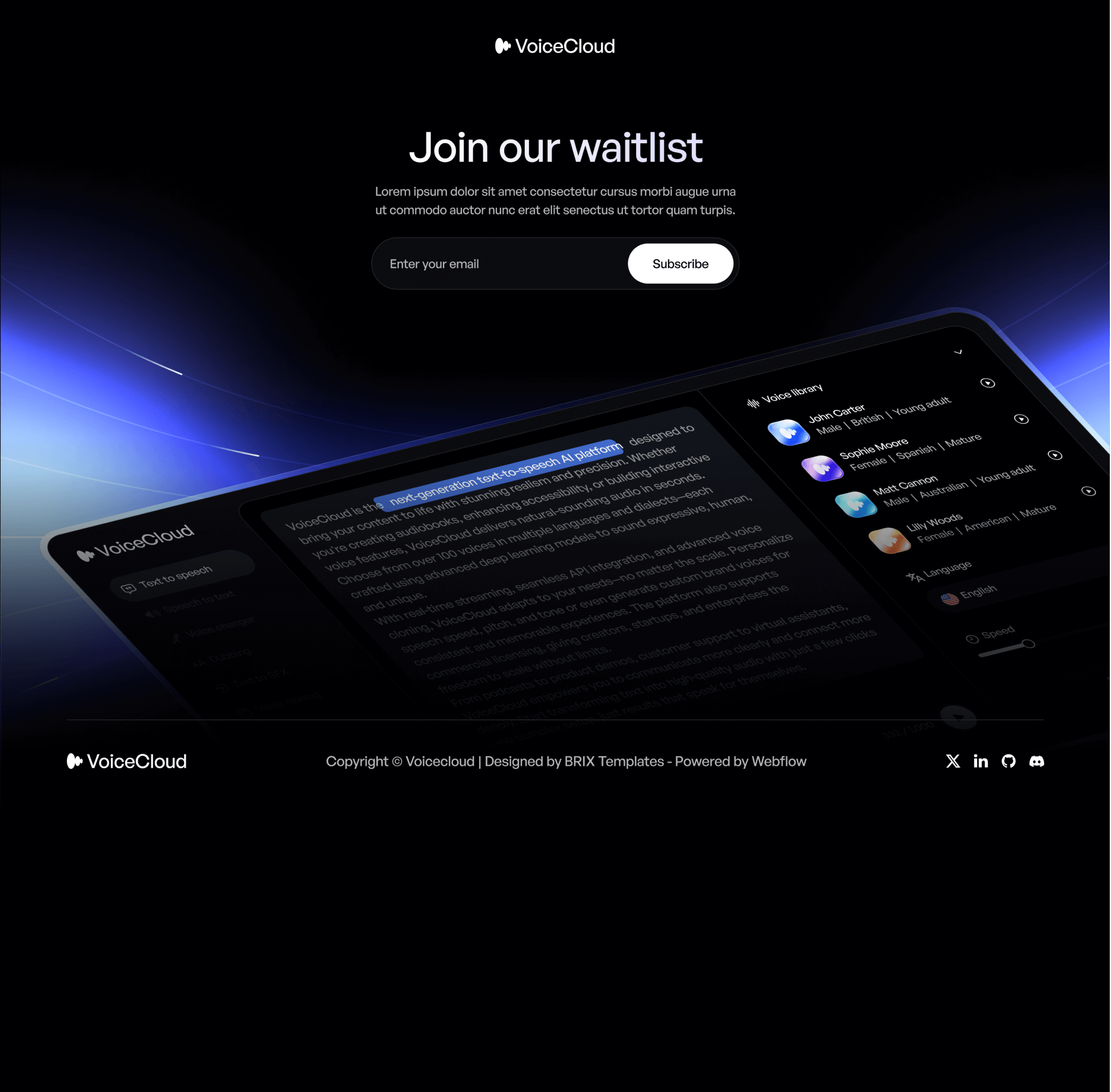 VoiceCloud - Coming Soon Utility Page - Text to Speech App Webflow Template | BRIX Templates