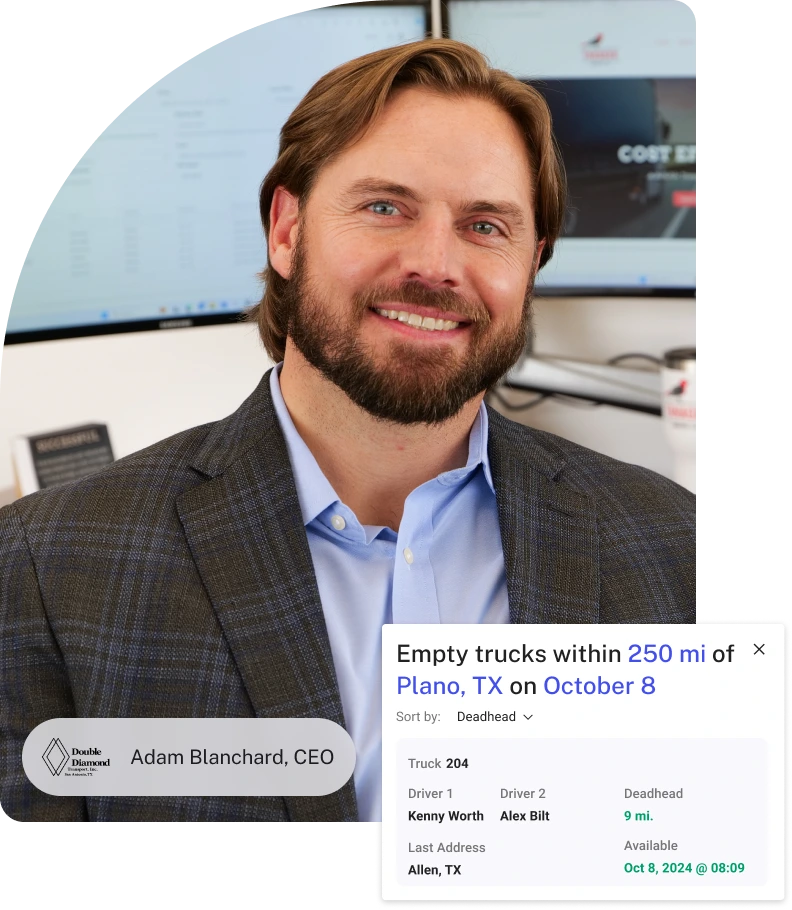 Man smiling with an overlay screenshot of empty truck loads in the TMS software