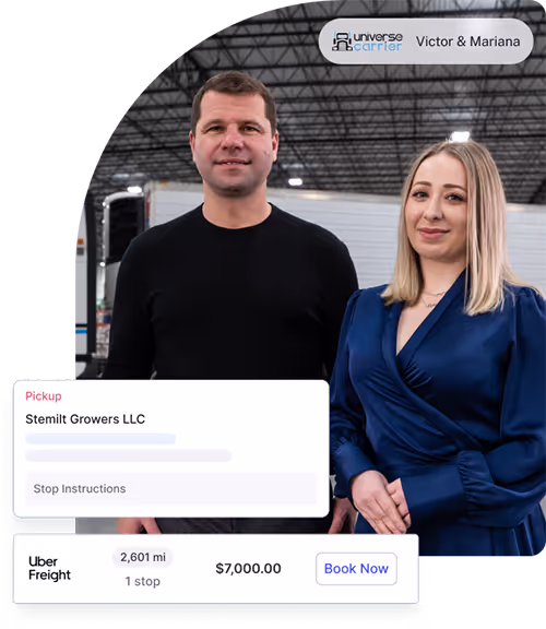 Universe Carrier CEO and Operations Manager standing in front of a truck with an overlay of alvys software