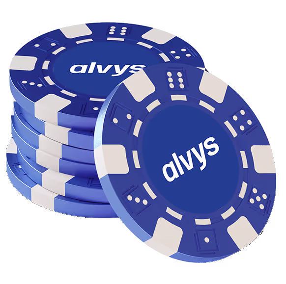 stack of blue poker chips with alvys logo
