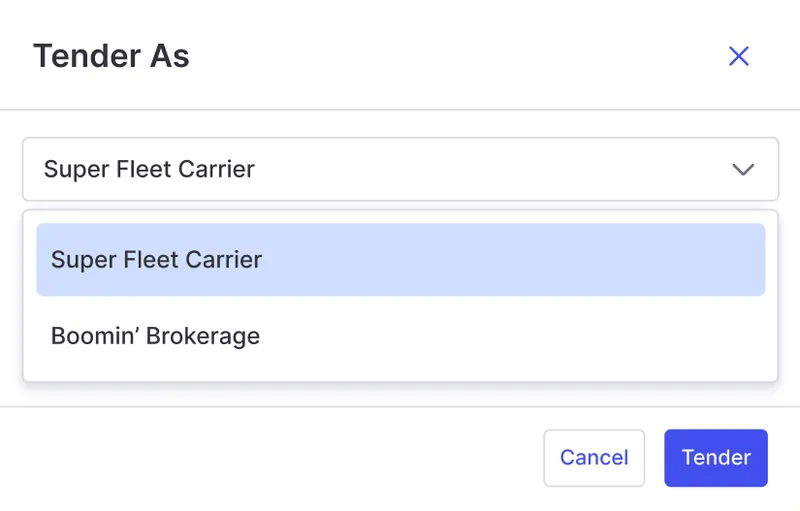tender loads as your carrier or broker entity from within the platform