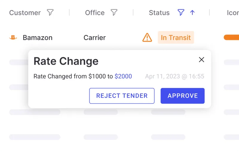 screenshot of the rate change module in alvys tms for an EDI tender