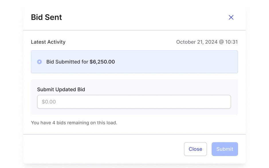 Bid sent Alvys TMS Modal