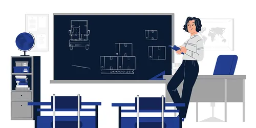 teacher-standing-by-blackboard-with-trucks-drawn-on-it