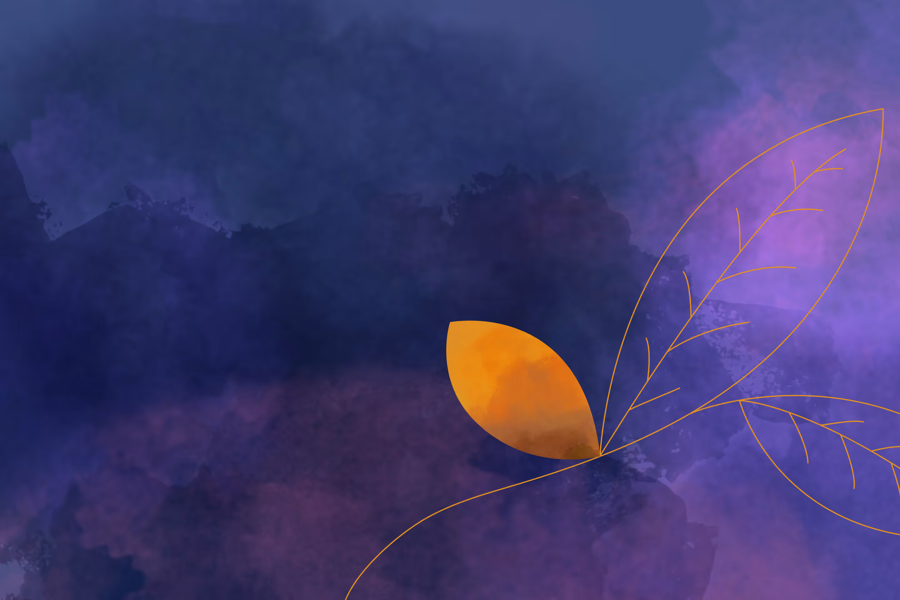 Abstract watercolor background in shades of purple and deep blue with minimalist orange leaf shapes and lines.