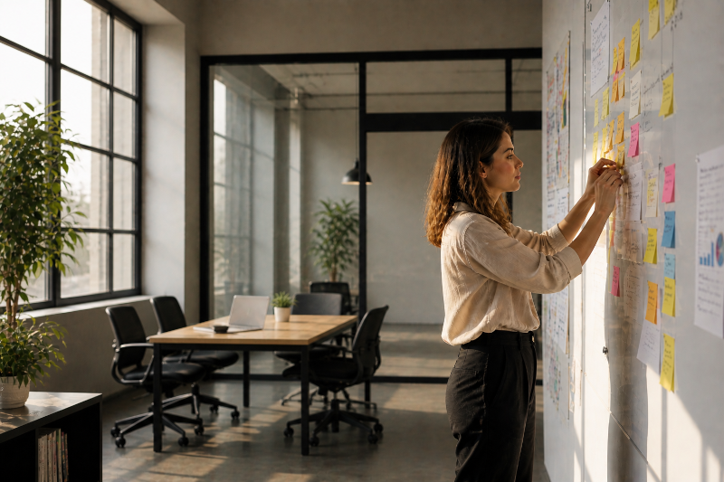 Unternehmerin strukturiert Wachstumsstrategie an Whiteboard – Anwalt für Start-up und IT-Recht
