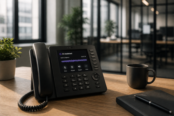 Modernes Bürotelefon mit KI-Assistenten-Display und Sprachvisualisierung auf dem Schreibtisch eines modernen Büros