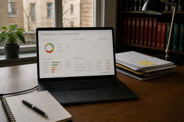 Dashboard zur Sentimentanalyse von Gerichtsentscheidungen auf einem Laptop-Bildschirm, mit Diagrammen zu Sentiment-Verteilung, Themenübersicht und Beispielurteilen aus dem deutschen Rechtsbereich