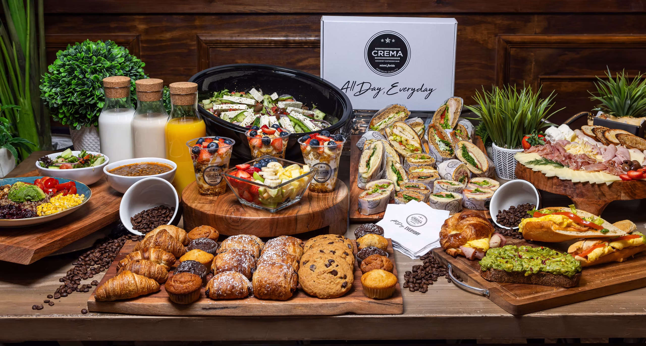 A breakfast catering spread from Crema Gourmet Espresso Bar. 