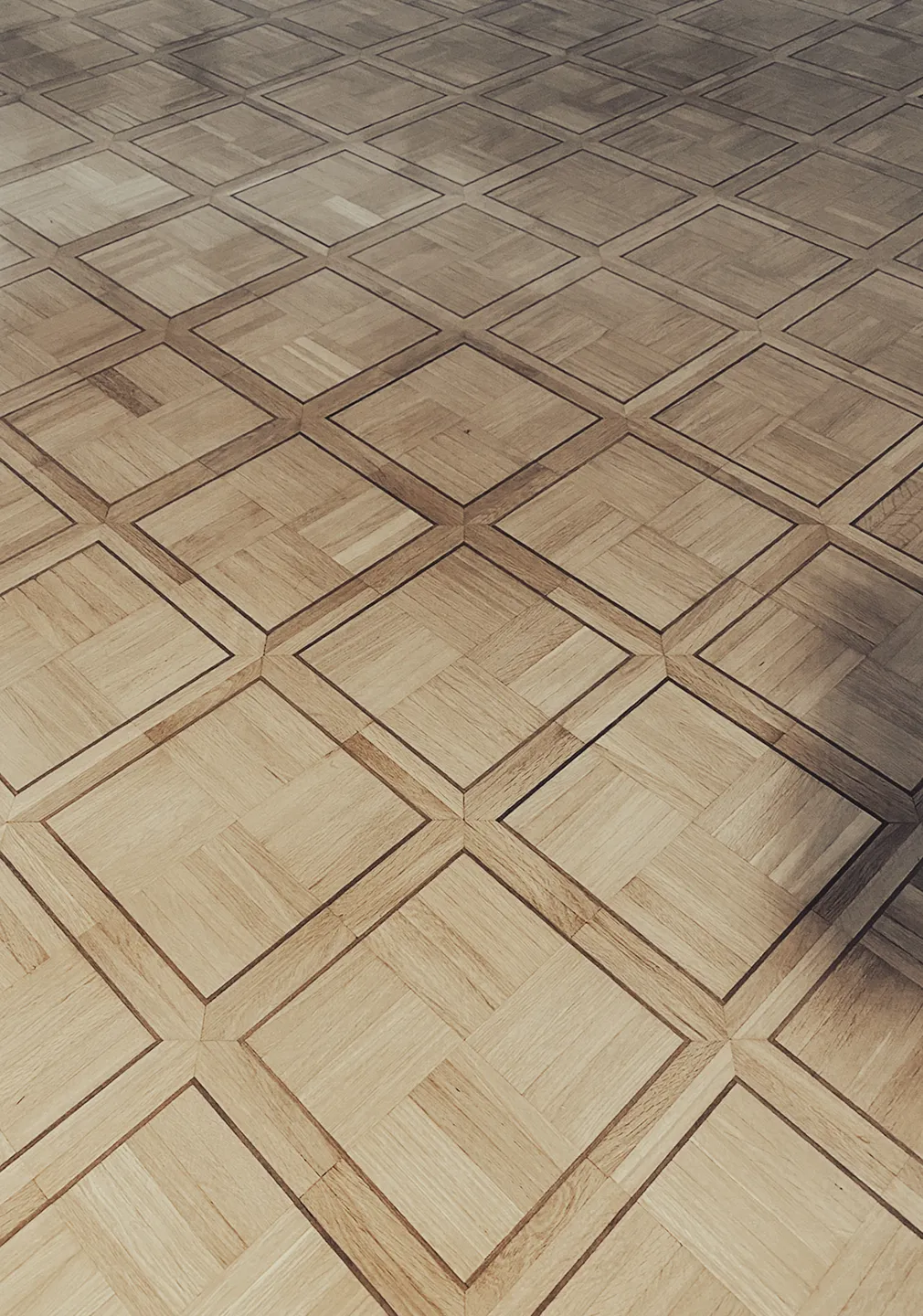 Puinen lattia, jossa neliönmuotoisia laattoja, joissa on koristeelliset reunukset.