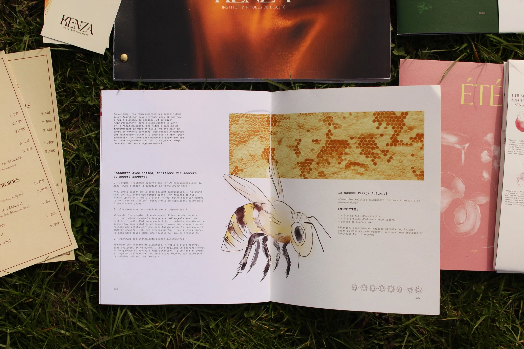 Couverture rouge d'un magazine intitulé 'Automne' avec illustrations de fruits et racines, à côté d'une double page intérieure avec un motif décoratif et un texte en français détaillant des soins corporels.