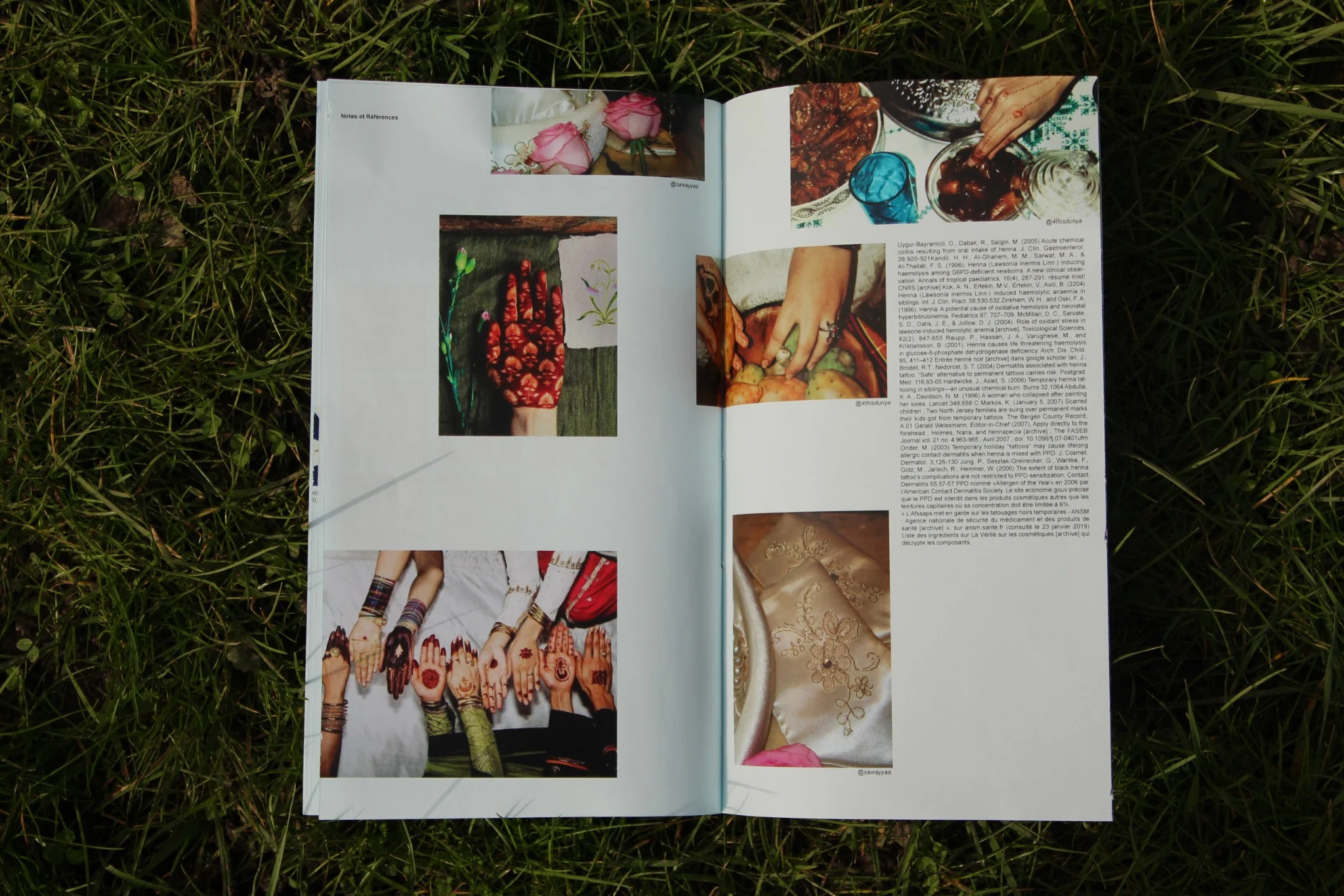 Couverture rouge d'un magazine intitulé 'Automne' avec illustrations de fruits et racines, à côté d'une double page intérieure avec un motif décoratif et un texte en français détaillant des soins corporels.