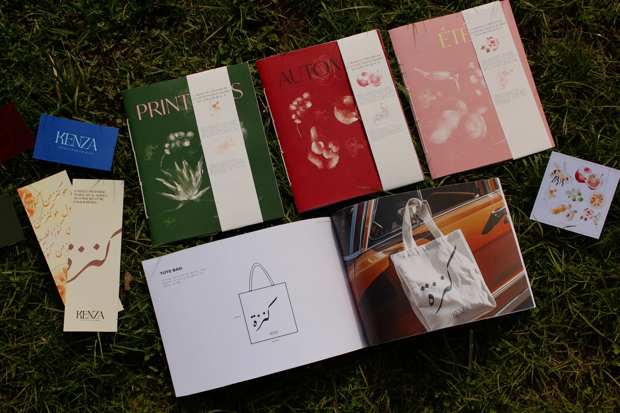 Couverture rouge d'un magazine intitulé 'Automne' avec illustrations de fruits et racines, à côté d'une double page intérieure avec un motif décoratif et un texte en français détaillant des soins corporels.