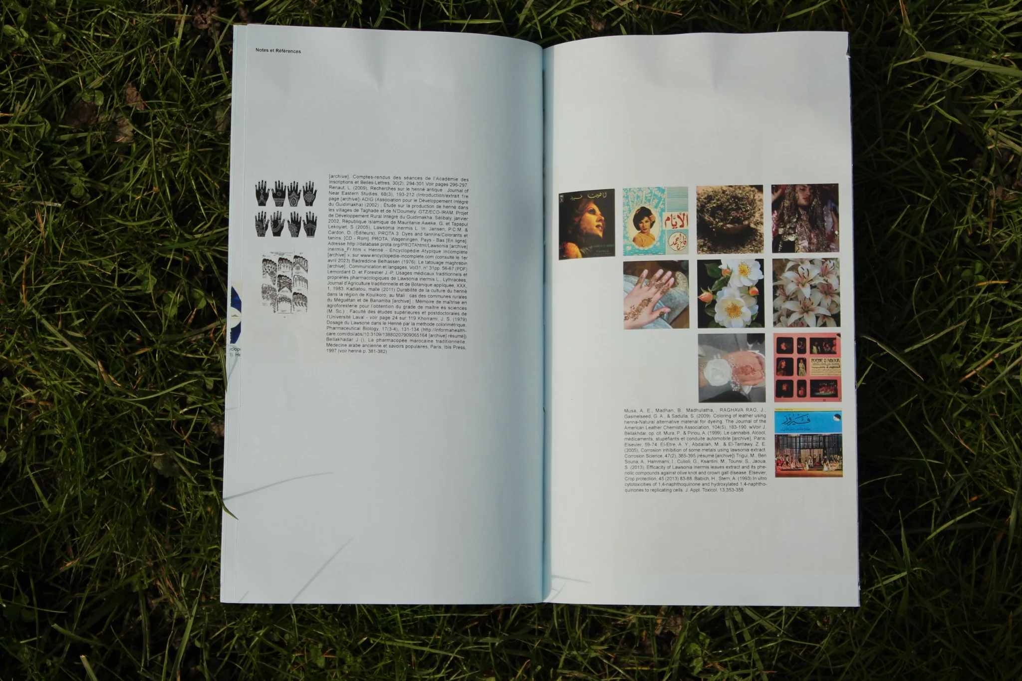 Couverture rouge d'un magazine intitulé 'Automne' avec illustrations de fruits et racines, à côté d'une double page intérieure avec un motif décoratif et un texte en français détaillant des soins corporels.