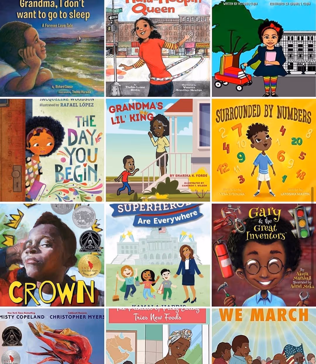 Collage of twelve illustrated children's book covers featuring diverse characters and themes, including titles like 'Grandma, I don't want to go to sleep,' 'Crown,' and 'We March.'