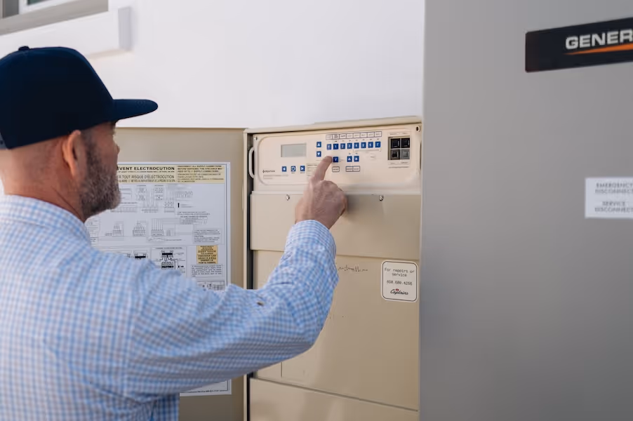 A pool technician is pressing buttons on a pool's control panel.