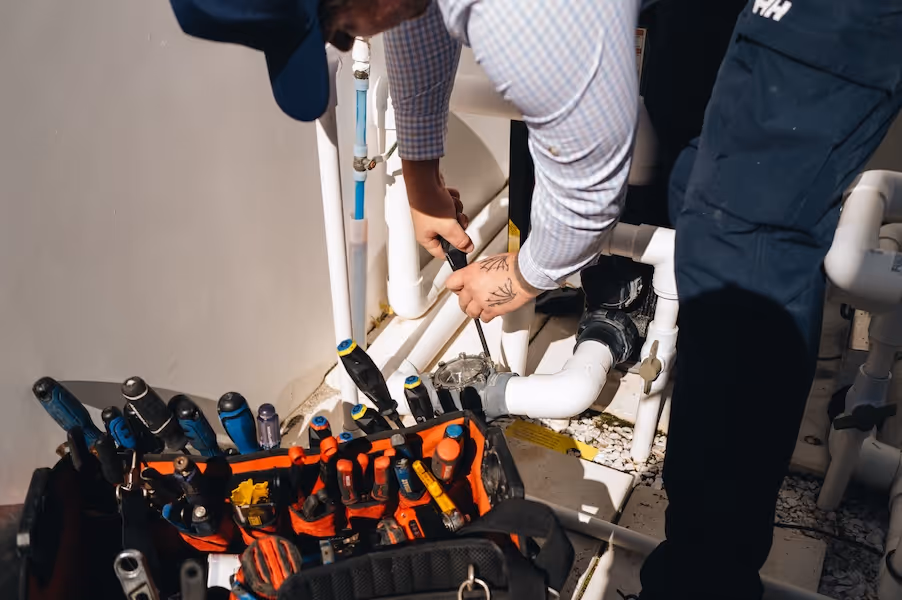 A technician uses a screwdriver to work on white plumbing pipes near a tool bag filled with various tools.