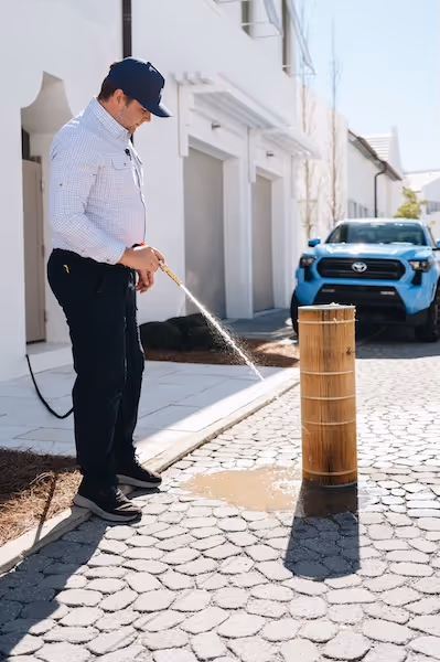 Pool technician using a hose to clean a pool filter on a cobblestone street.