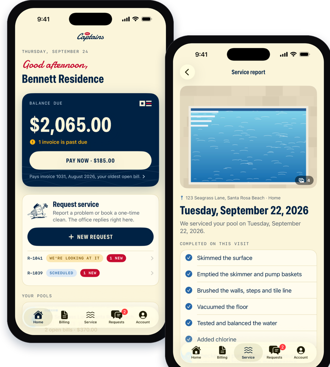 Two iPhones showing the Pool Captains app: the home screen with balance due and request service, and a service report with a visit checklist