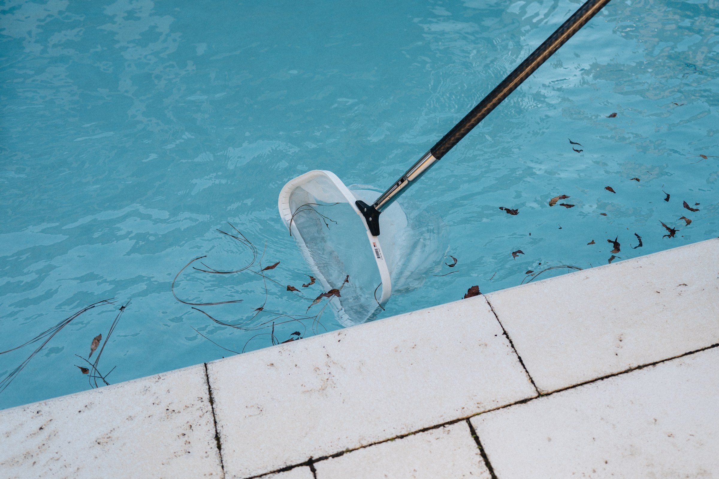 Pool skimmer clearing pine needles from a clear Emerald Coast swimming pool