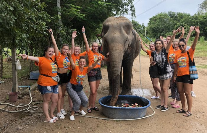 An image of Camp Thailand attendees with an elephant drinking water.