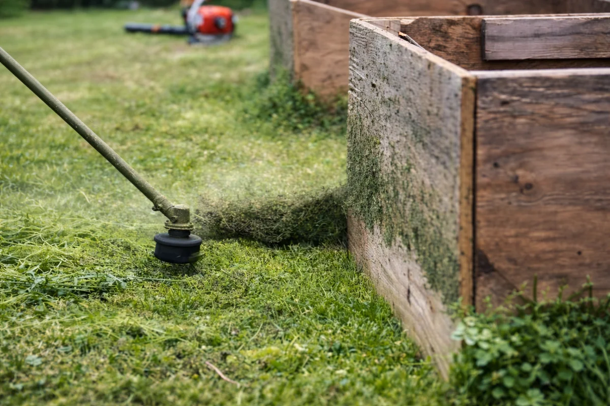 Close-up of a string trimmer cutting grass along the edge of a wooden garden bed.