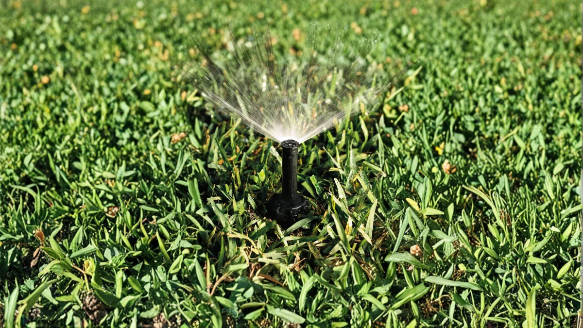 Lawn sprinkler spraying water over green grass.