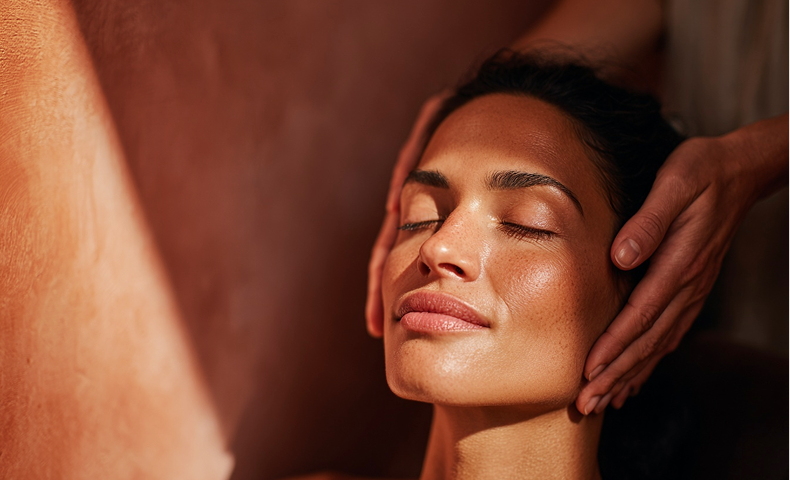 A woman with closed eyes receiving a relaxing facial massage with hands gently cradling her head.