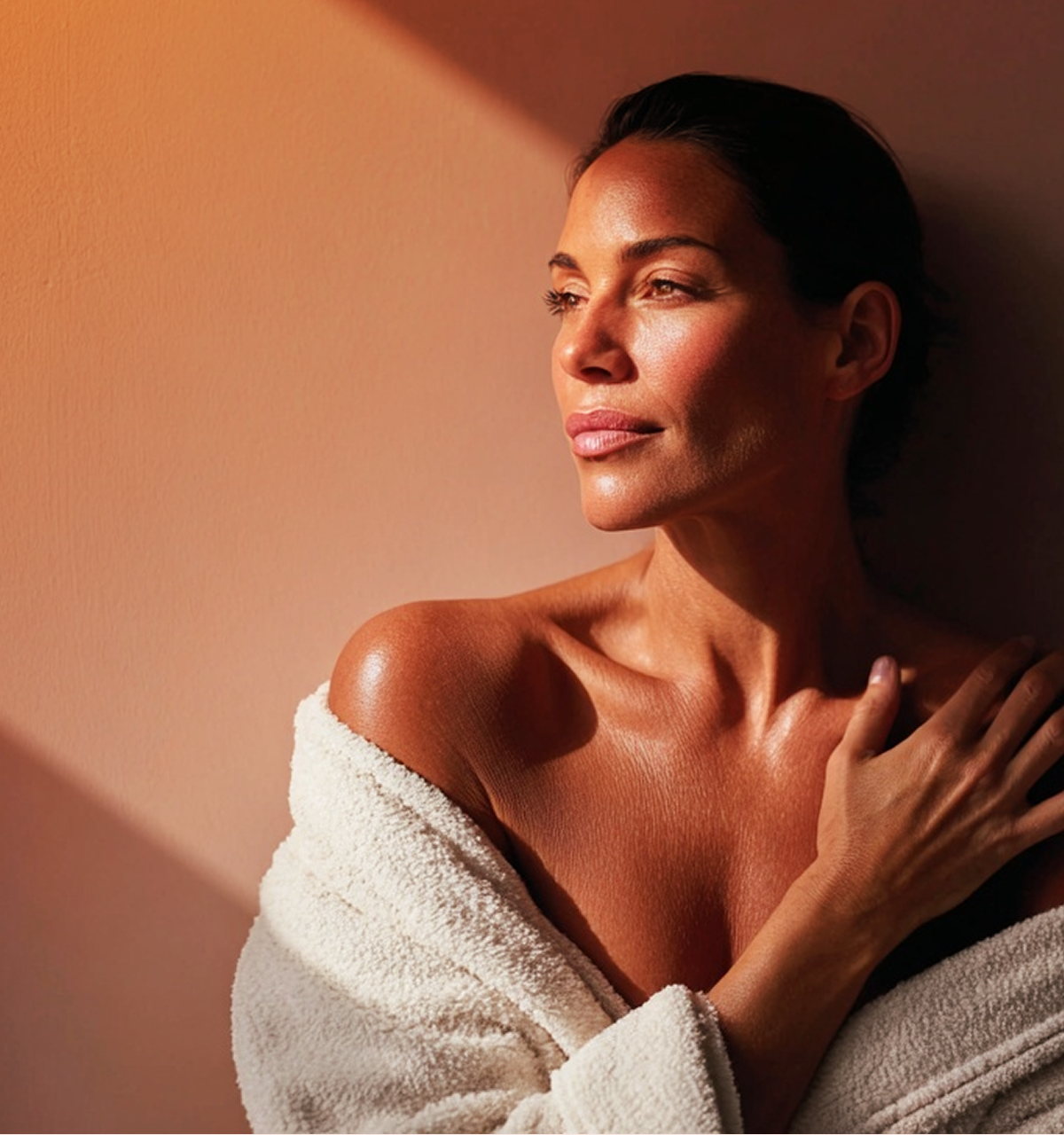 Woman with glowing skin wrapped in a soft white towel, gazing peacefully to the side against a warm peach background.