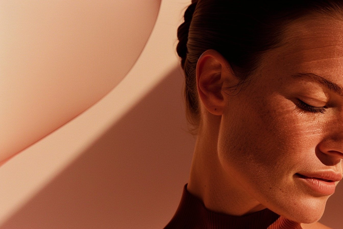 Close-up of a woman's face with eyes closed, soft lighting highlighting skin texture and features.