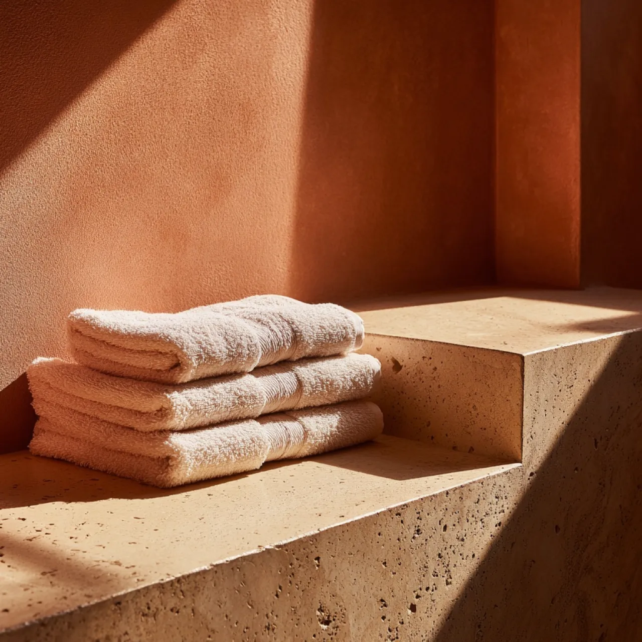 Woman with glowing skin wrapped in a soft white towel, gazing peacefully to the side against a warm peach background.