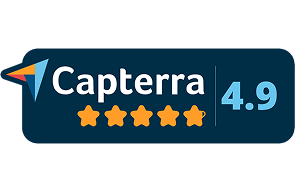 Capterra rating badge with a 4.9 score and five orange stars.