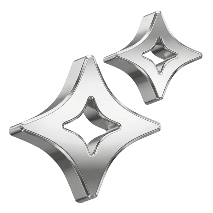 Two shiny silver star-shaped metallic objects with hollow centers on a transparent background.