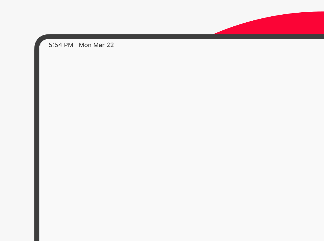 Top left corner of a device screen showing the time as 5:54 PM and date as Mon Mar 22 with a red curved edge background.