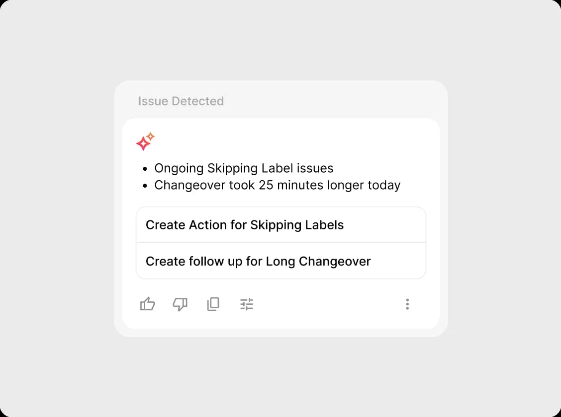 Issue detected notification listing ongoing skipping label issues and changeover took 25 minutes longer, with options to create actions for these issues.