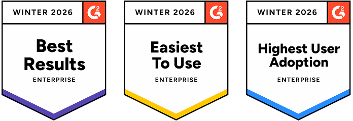 Three G2 badges for Winter 2026 labeled Best Results Enterprise, Easiest To Use Enterprise, and Highest User Adoption Enterprise, each with distinct colored borders.