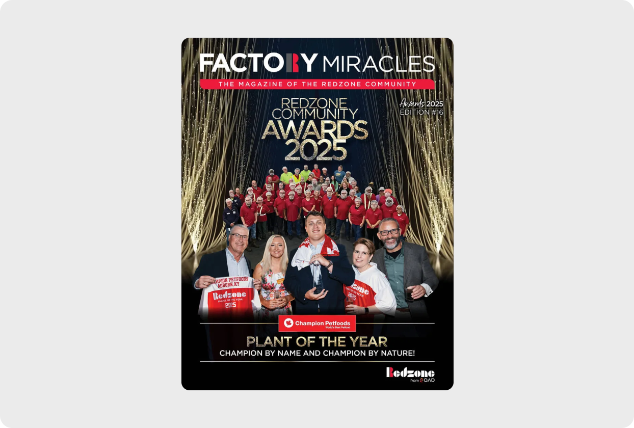 Cover of Factory Miracles magazine featuring Redzone Community Awards 2025 with a group of people in red shirts and five individuals in front holding awards for Plant of the Year.