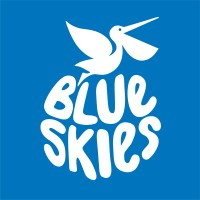 White stylized bird above the words 'BLUE SKIES' in playful font on a blue background.