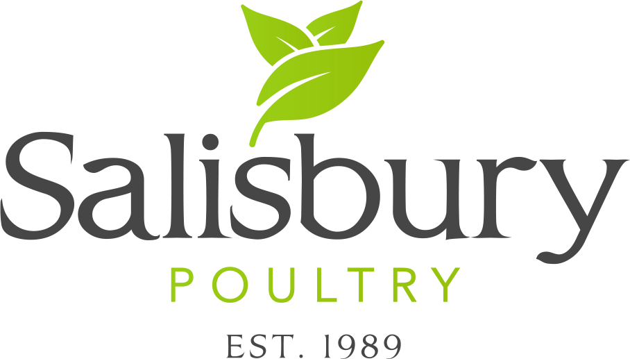 Salisbury Poultry logo with stylized green leaves above the text and EST. 1989 below.