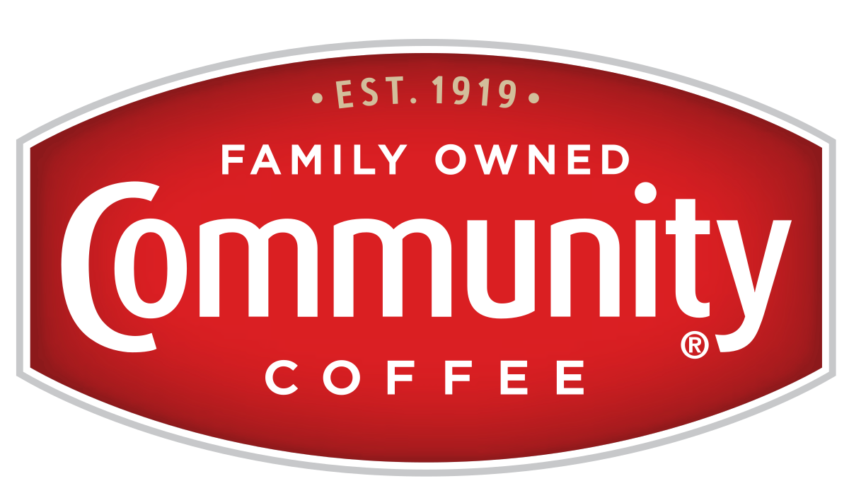 Community Coffee logo with text 'Family Owned' and 'Est. 1919' on a red shield-shaped background.