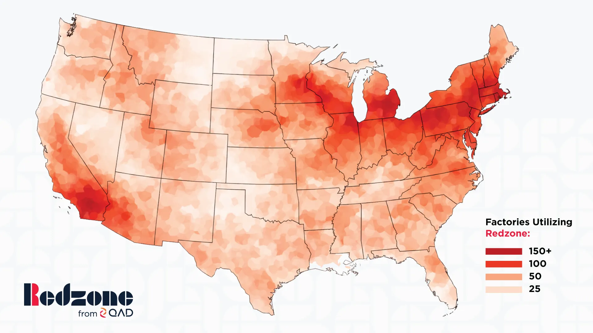 U.S. heatmap showing factory density using Redzone, highest in California and the Northeast.