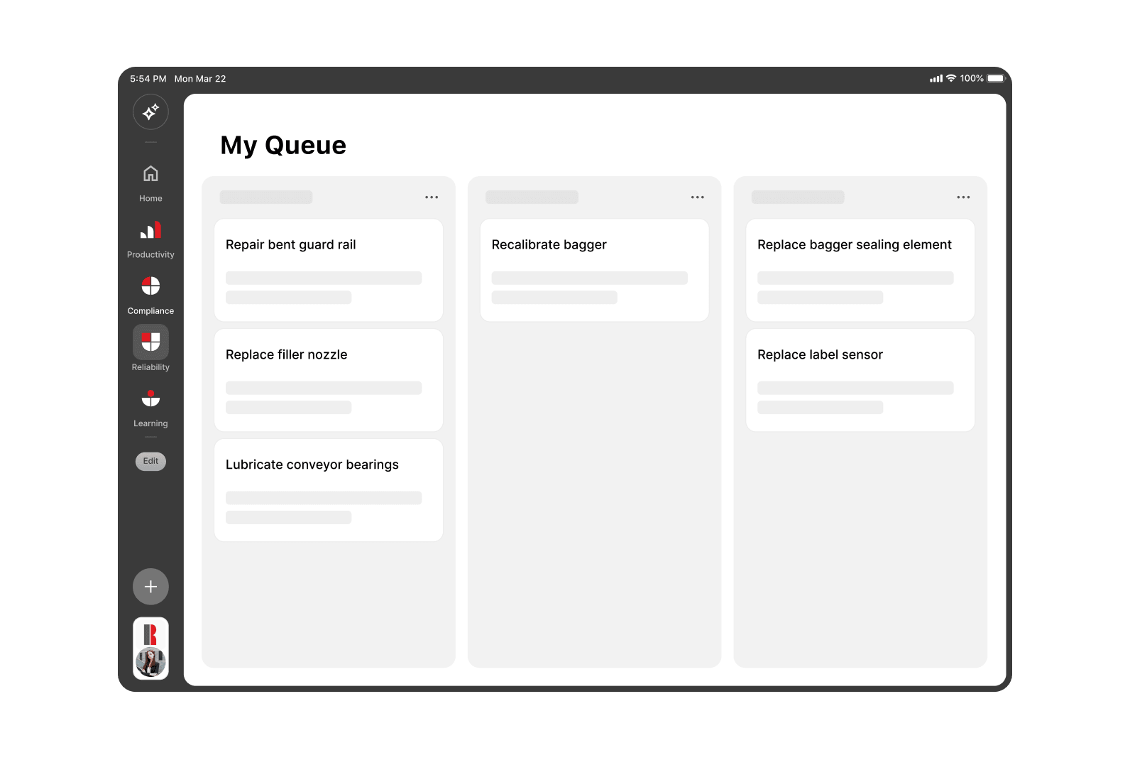 User interface screen showing a 'My Queue' task board with three columns, each containing multiple cards labeled 'Replace bent guard rail.' A vertical sidebar on the left includes icons for Home, Productivity, Compliance, Reliability, Learning, an Edit button, and user profile pictures at the bottom.