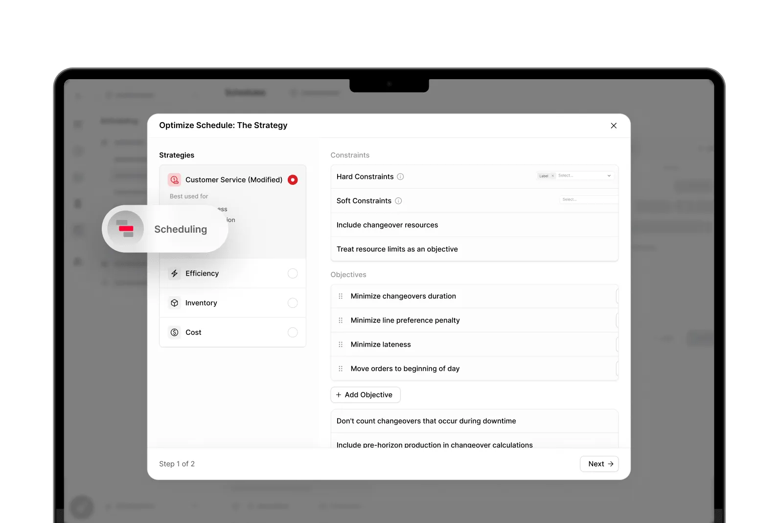 Computer screen showing a scheduling tool interface titled 'Optimize Schedule: The Strategy' with strategy options including Customer Service (modified), Efficiency, Inventory, and Cost, and sections for setting constraints and objectives such as minimizing changeovers duration, line preference penalty, lateness, and moving orders to the beginning of the day.
